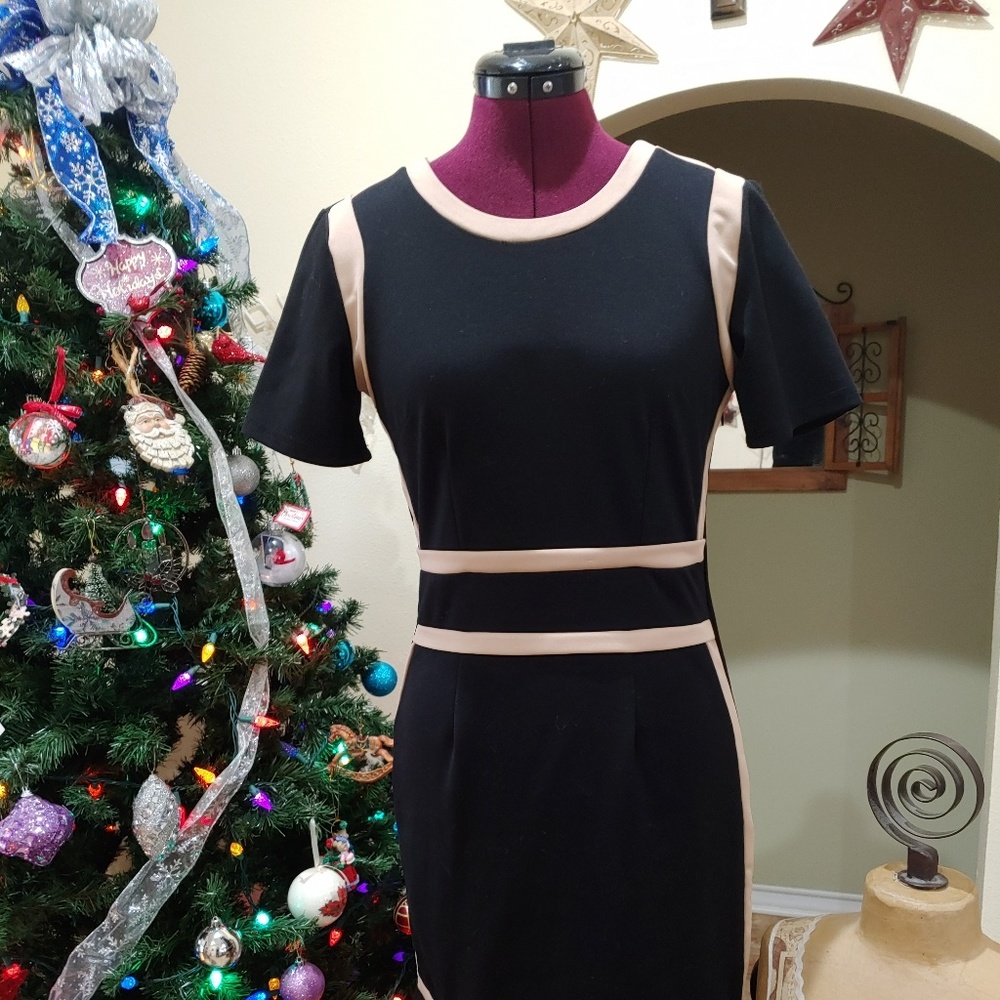 SOLD-Miusol Black w/Tan Trim Dress - Size Medium